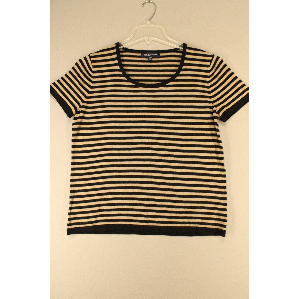 Jones New York Sweater Signature Womens XL Black Tan Wool Blend Striped Preppy